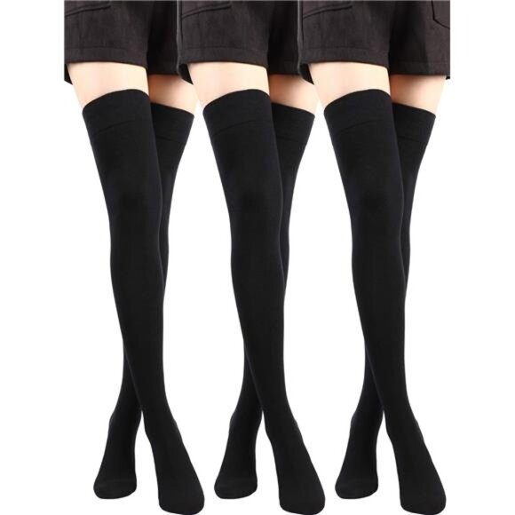 3 Pairs Thigh High Socks Cotton Over Knee Socks Knit Long Boot Stocking, Black - Picture 1 of 7